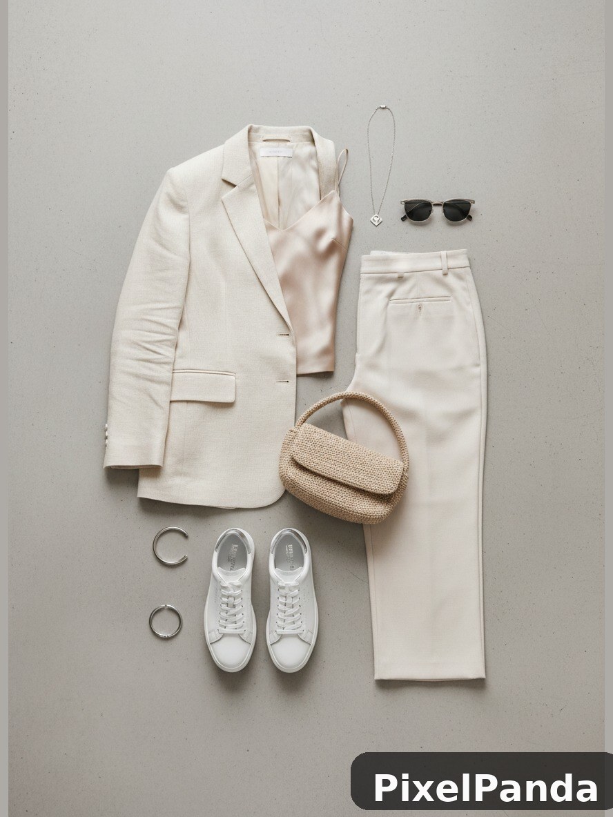 Cream blazer and trousers flat lay with white sneakers