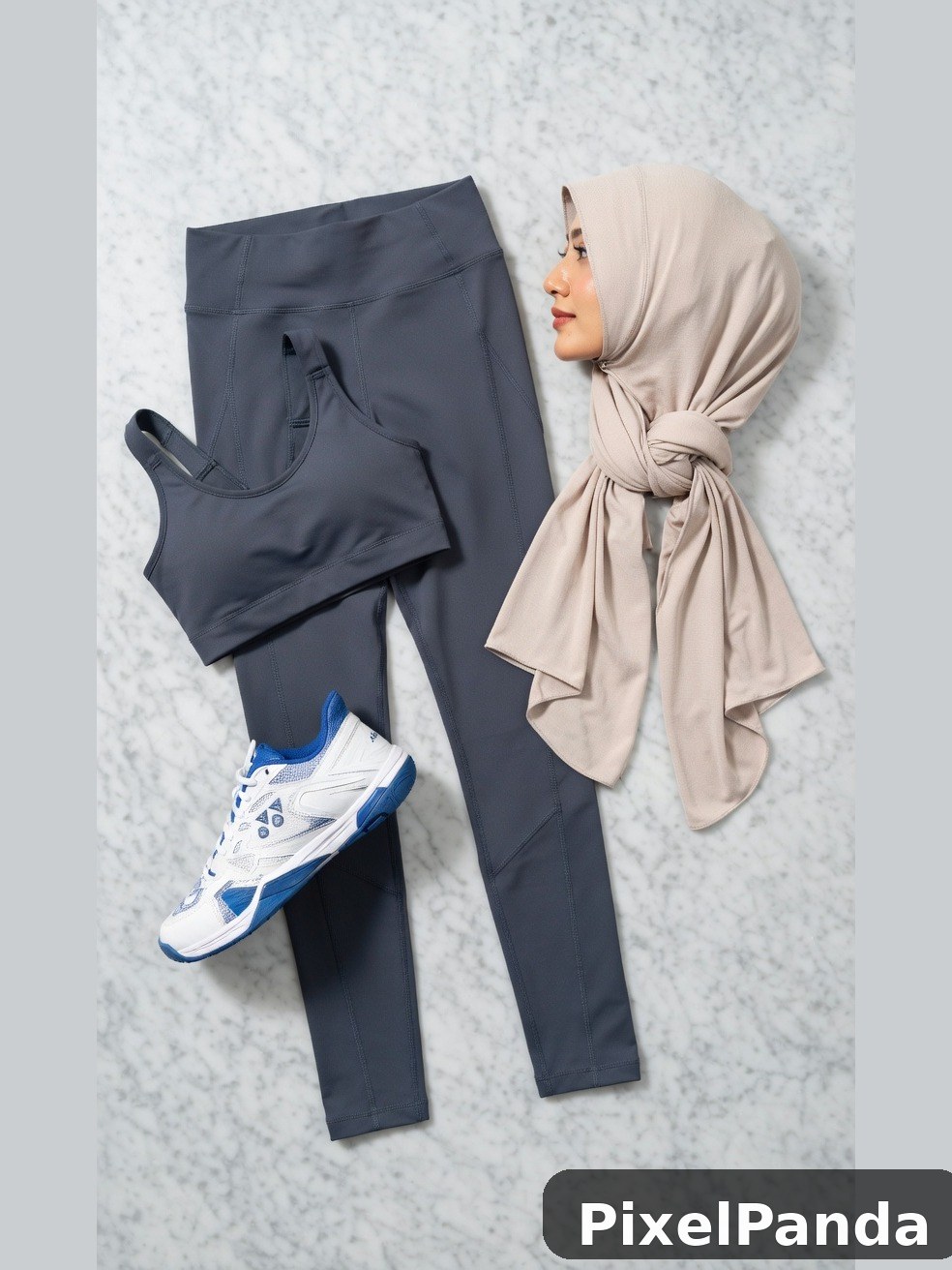 Woman in beige headscarf with athletic wear and sneakers