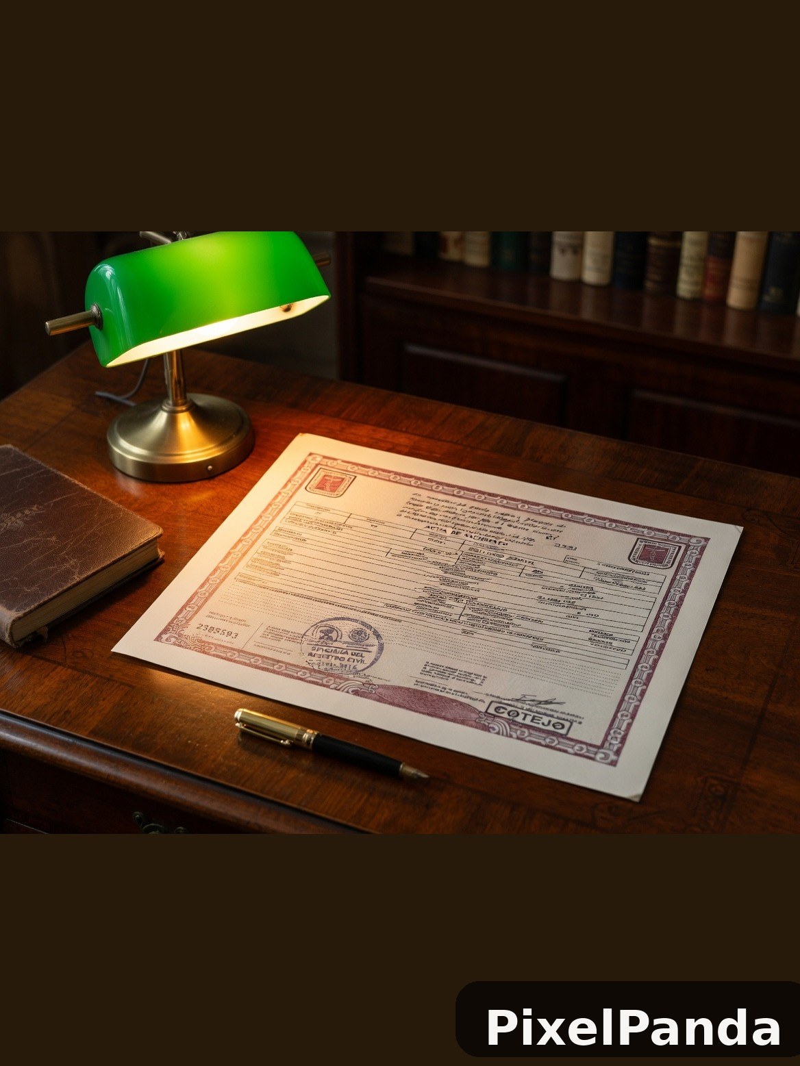 Green banker's lamp illuminating official document on wooden desk