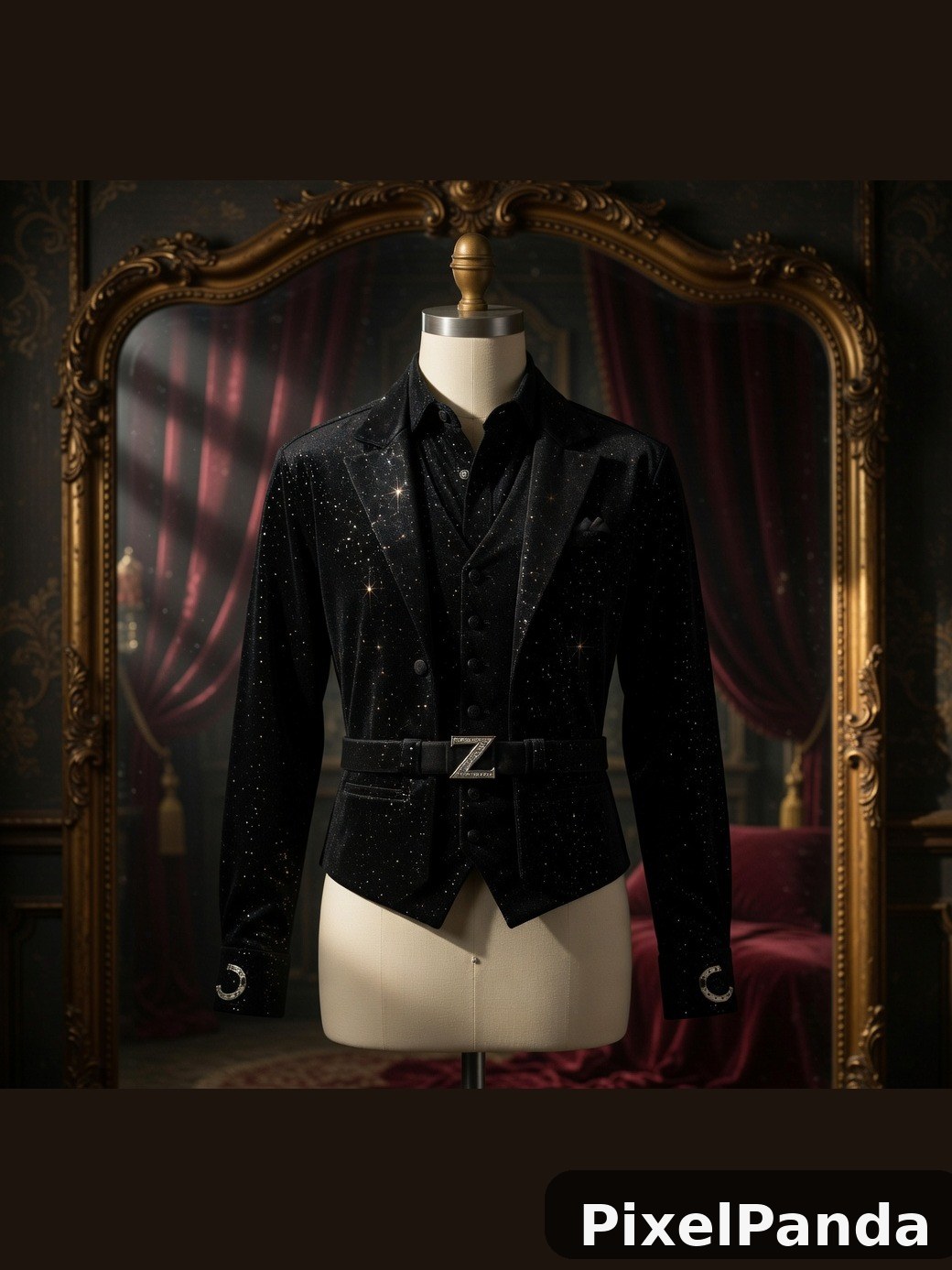 Black sparkle blazer with Z-buckle belt on dress form
