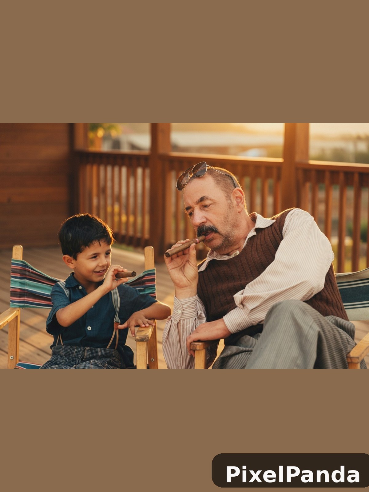 Man and boy smoking cigars on wooden porch at sunset