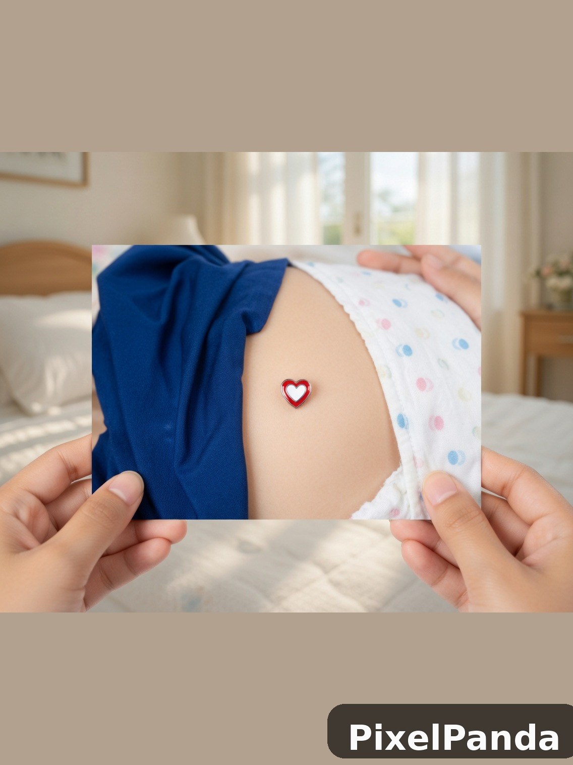 Pregnant belly with red heart symbol held by two hands