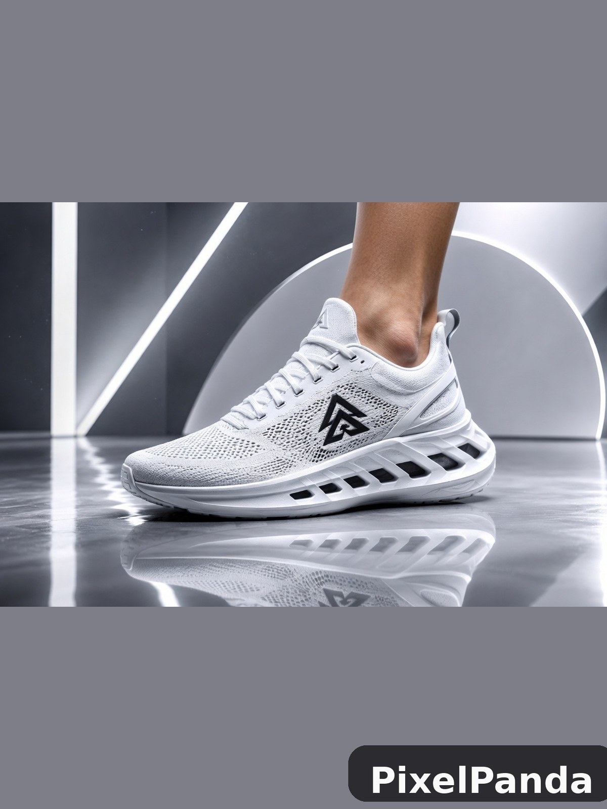 White mesh athletic shoe with black accent details on reflective floor