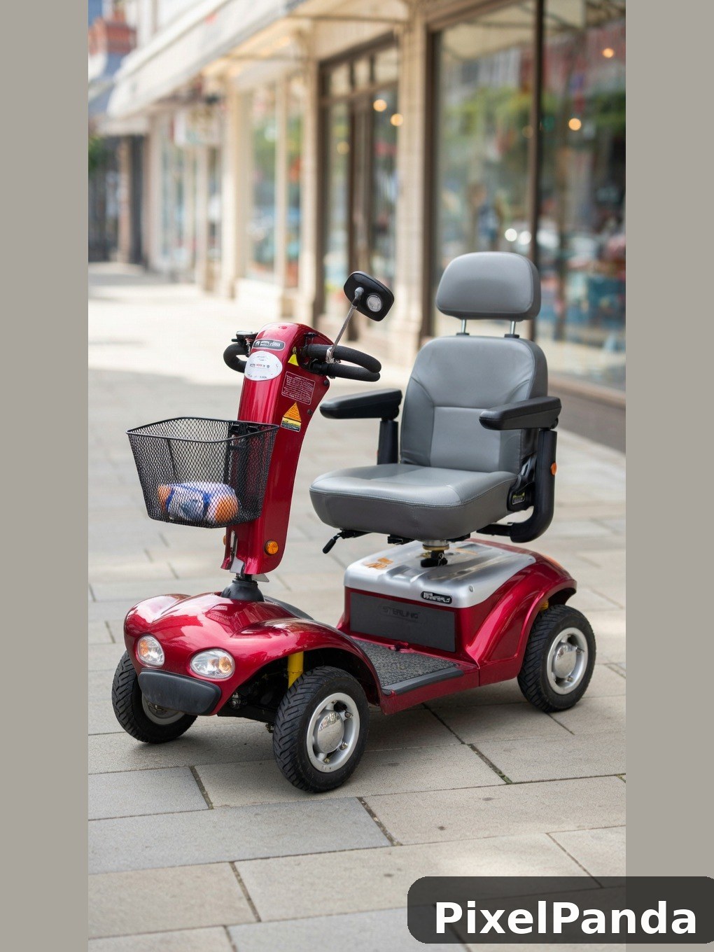 Red four-wheel mobility scooter parked on urban sidewalk