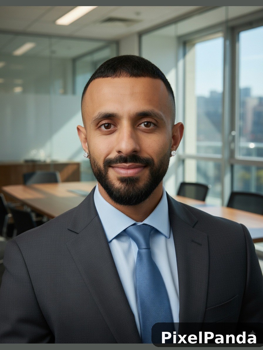 Man in charcoal suit and blue tie in modern office