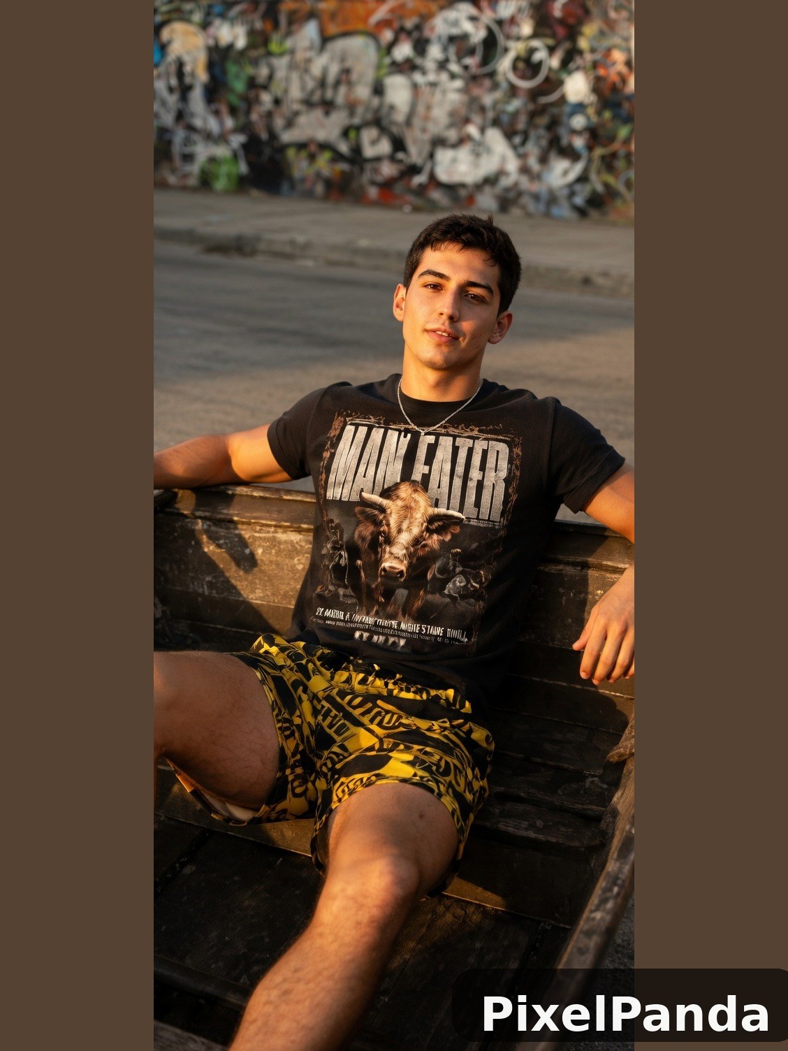 Person in black graphic tee and yellow patterned shorts on wooden bench