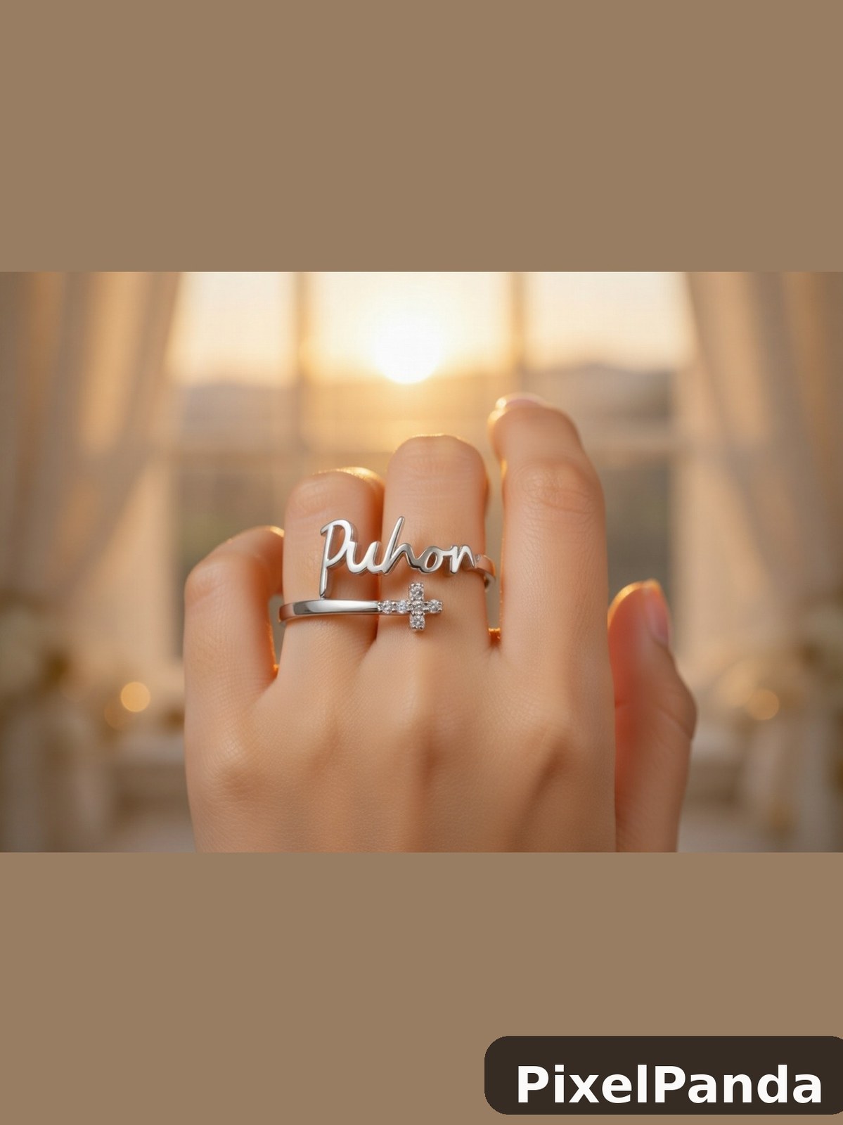 Hand displaying silver nameplate ring with cross pendant
