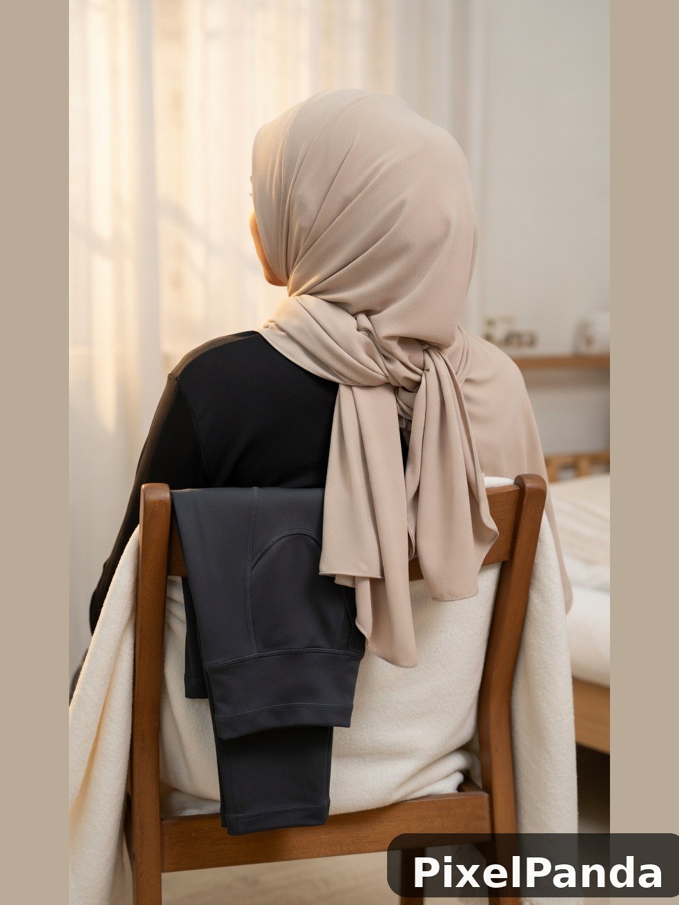 Person wearing beige hijab seated in wooden chair from behind