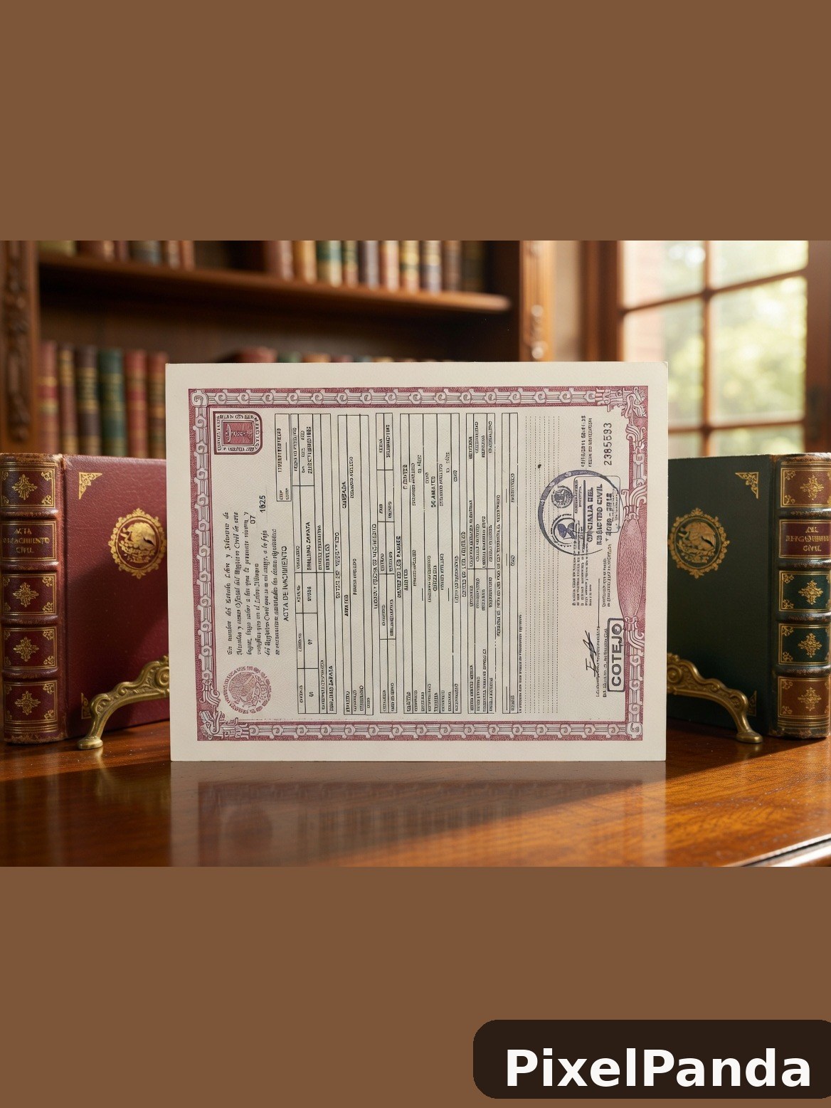 Official document with ornate border on wooden library desk
