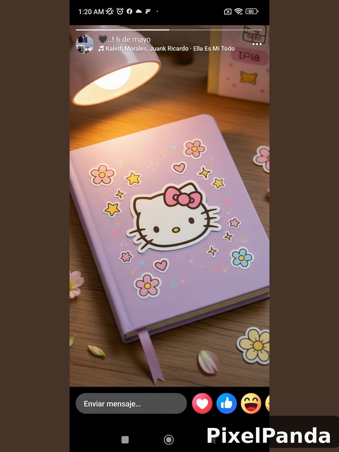 Lavender notebook with Hello Kitty character and floral stickers