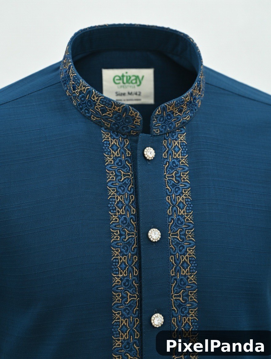 Teal kurta with gold and blue embroidered placket detail