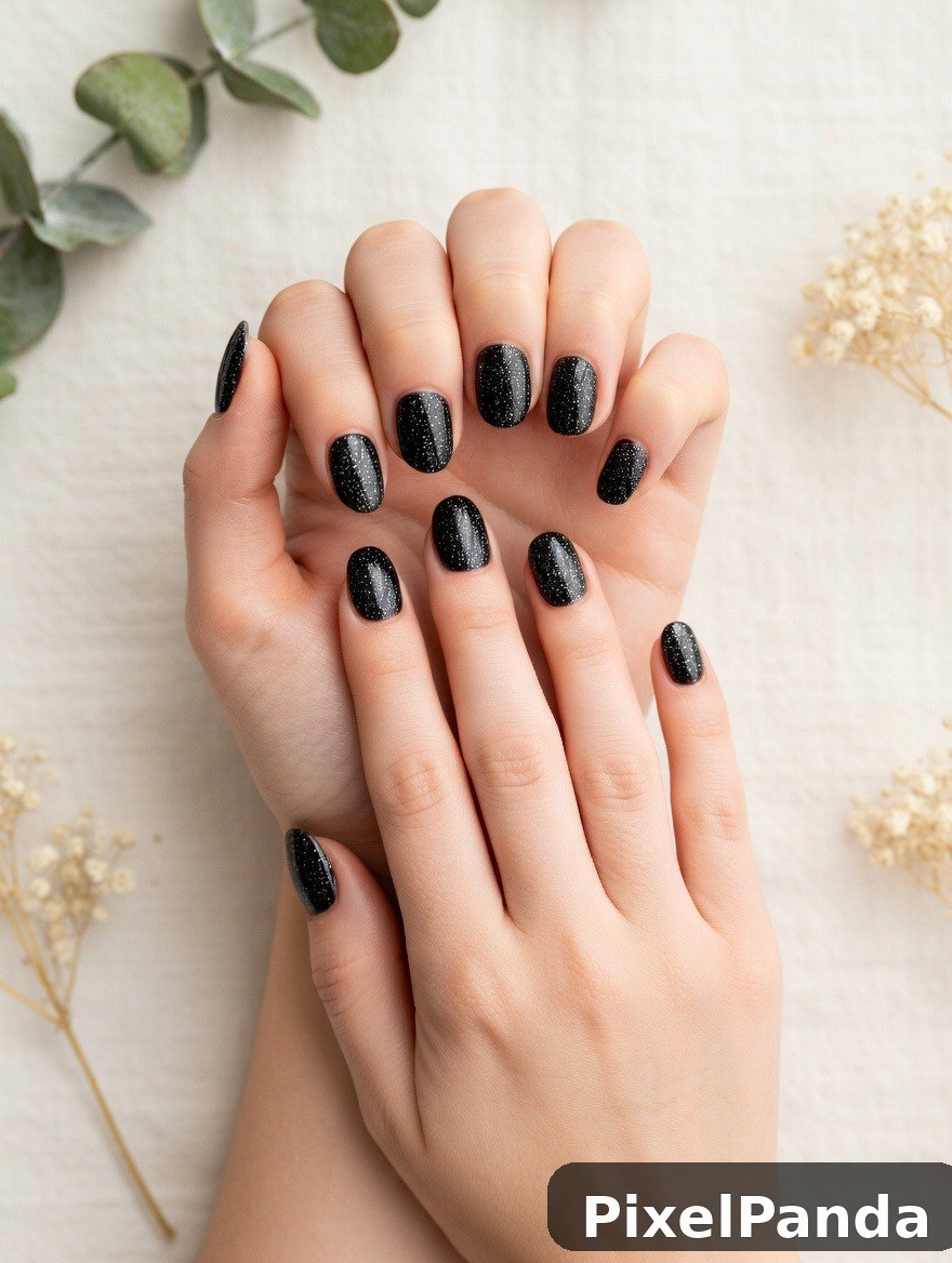Black glitter nail polish on short oval nails with natural hand display