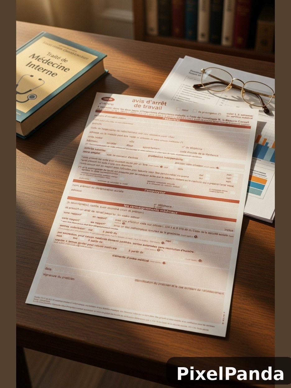 French medical documents and textbook on wooden desk with glasses