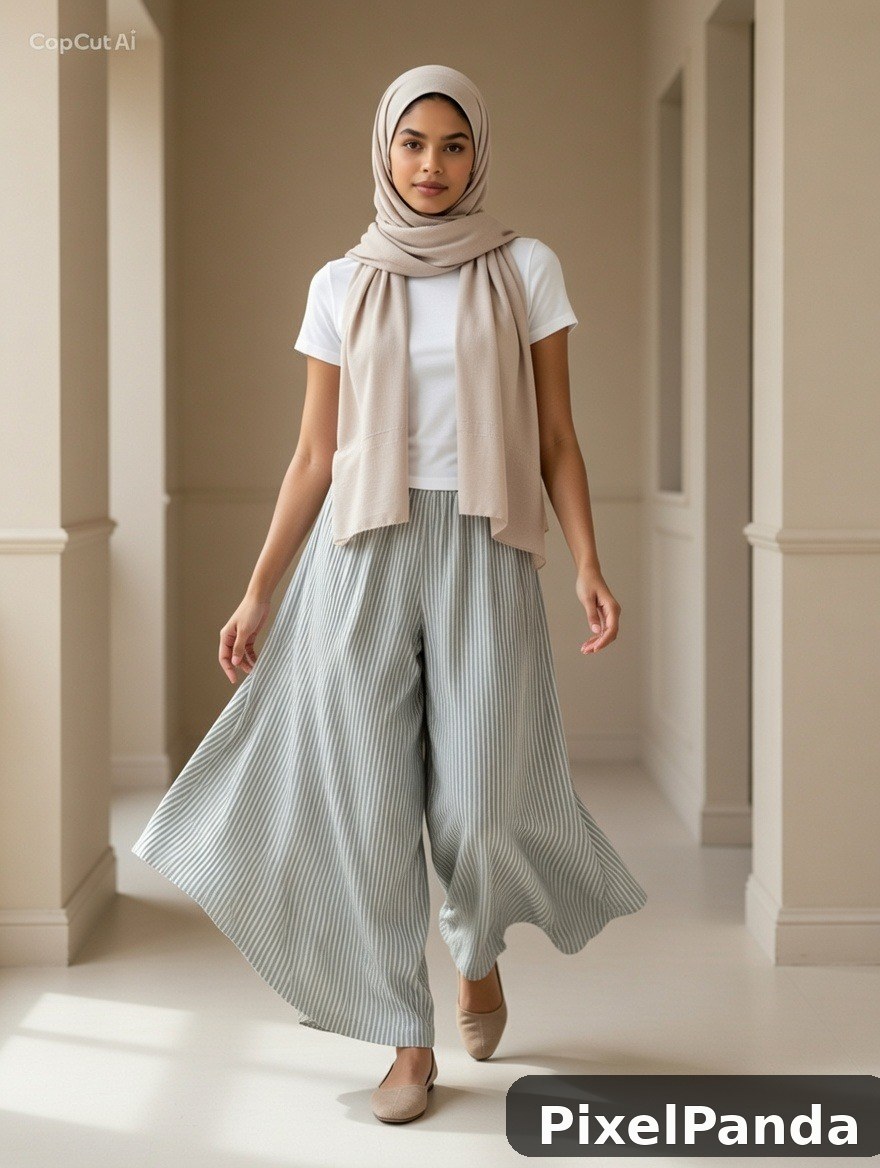 Woman in hijab and pleated pants in neutral hallway