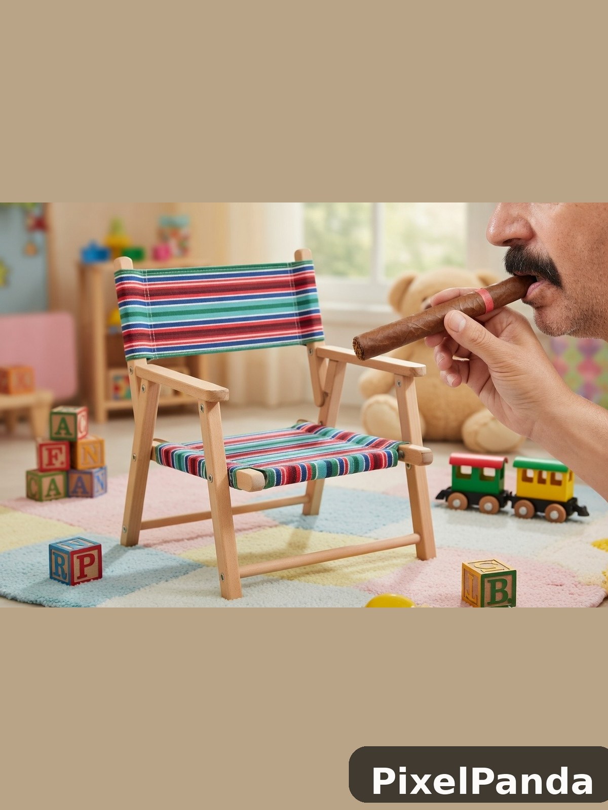Man with mustache smoking cigar next to miniature wooden chair