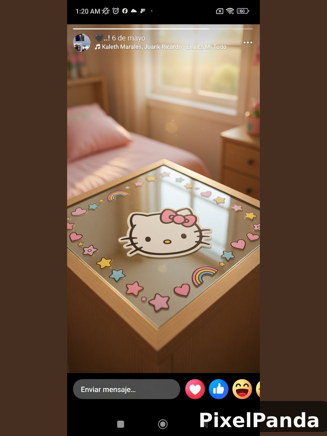 Character mirror with rainbow and hearts on wooden bedroom dresser