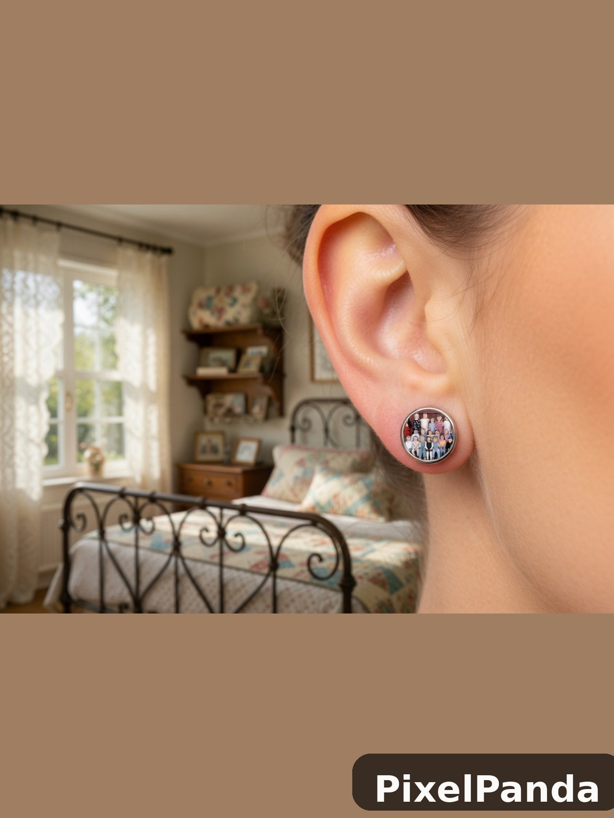 Small circular photo earring with group portrait on bedroom background