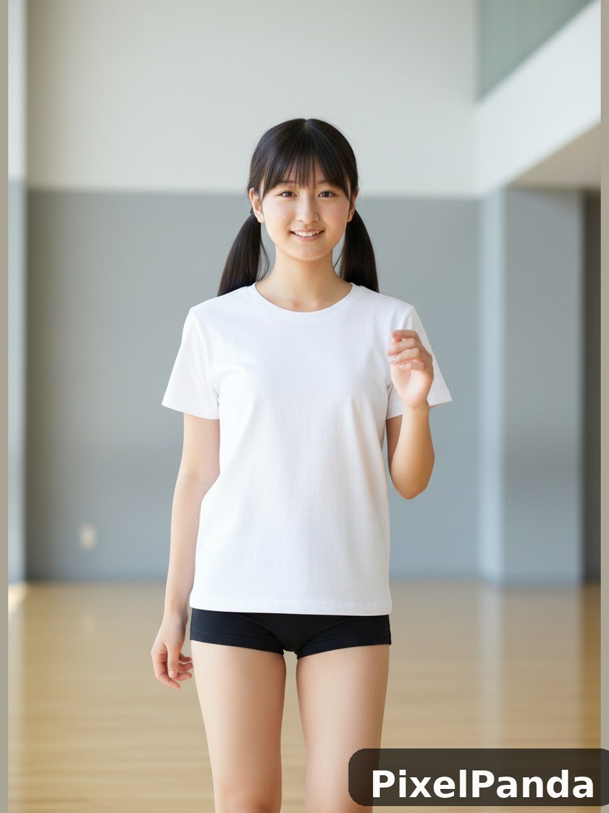 Young woman in white t-shirt and black shorts in bright hallway