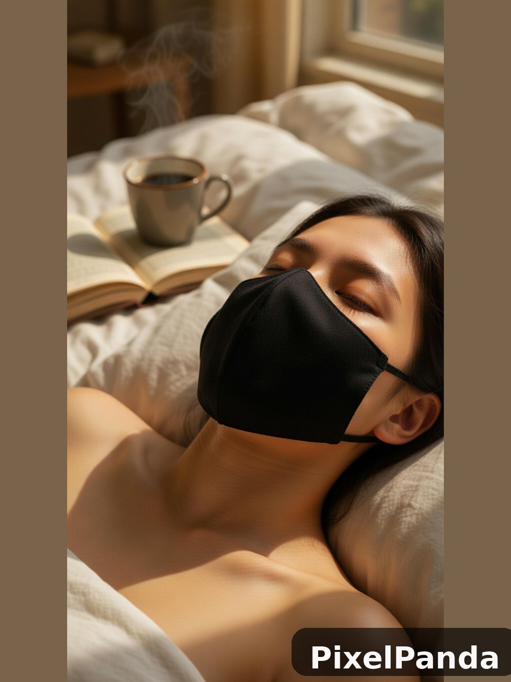 Person sleeping in bed with black eye mask and coffee nearby