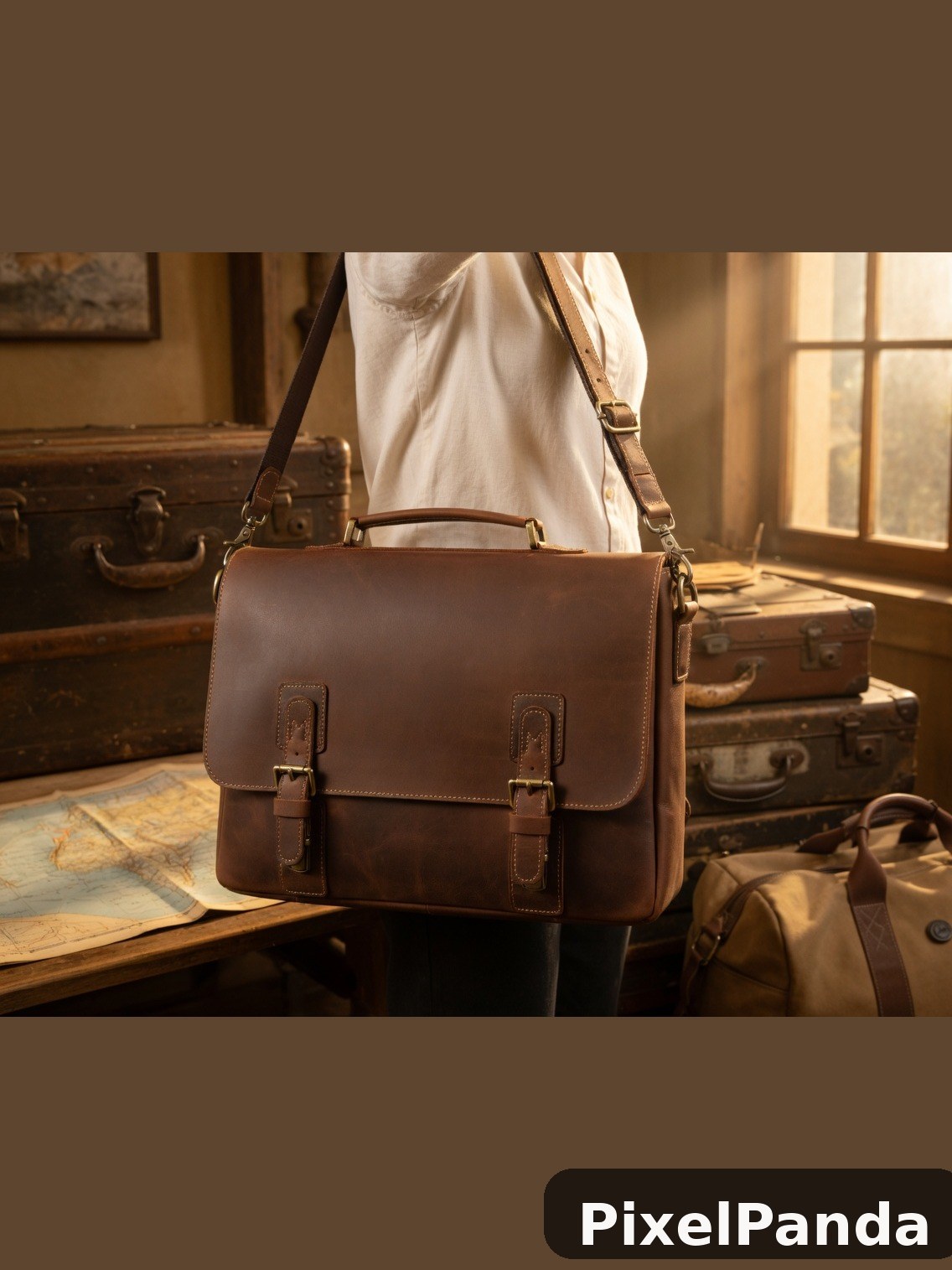 Brown leather messenger bag with buckle straps on vintage desk
