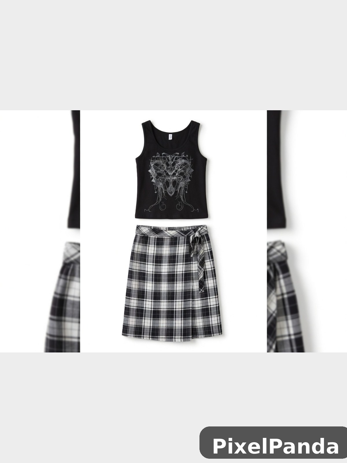 Black tank top with graphic print and plaid skirt outfit flat lay
