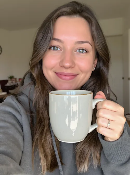 AI model holding coffee mug