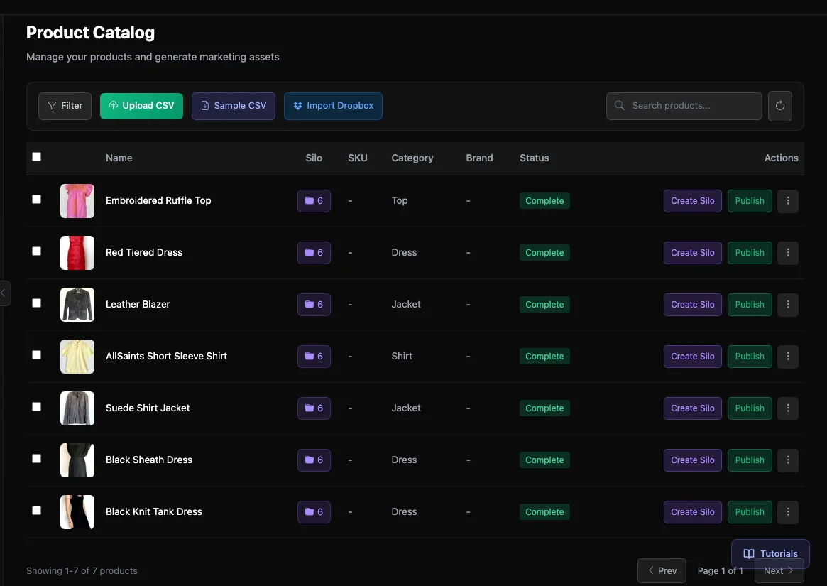 PixelPanda Product Catalog — real product list with silo counts, categories, and actions
