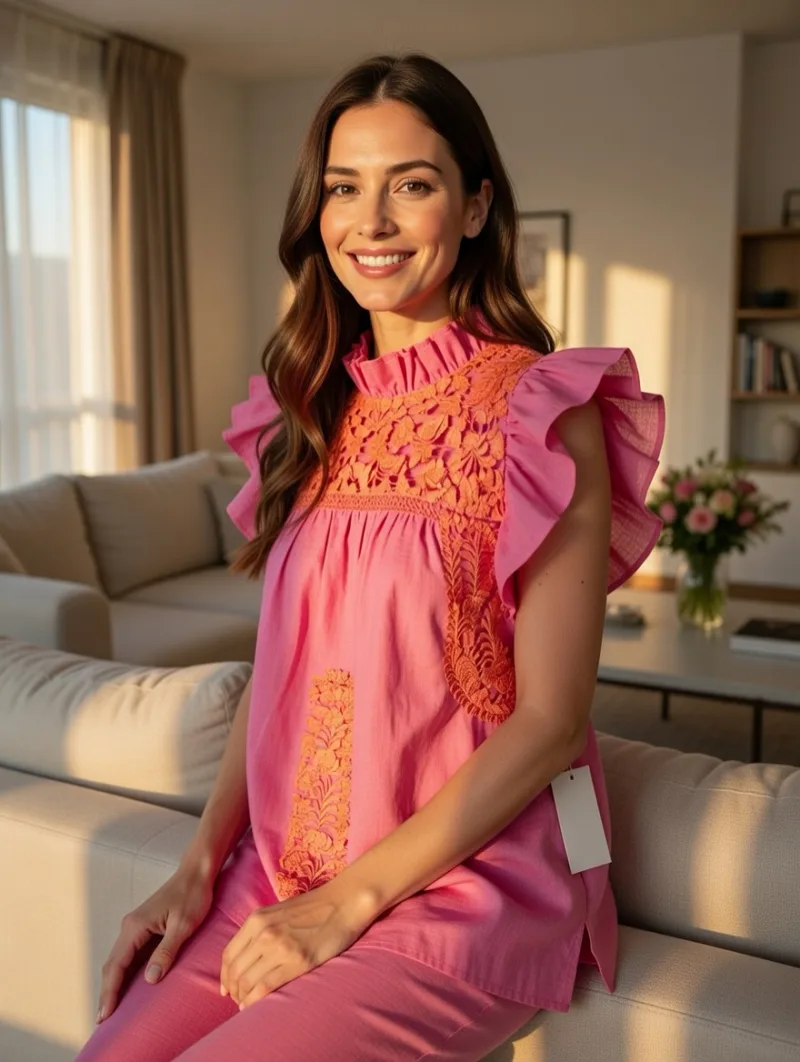 Lifestyle scene with Embroidered Ruffle Top