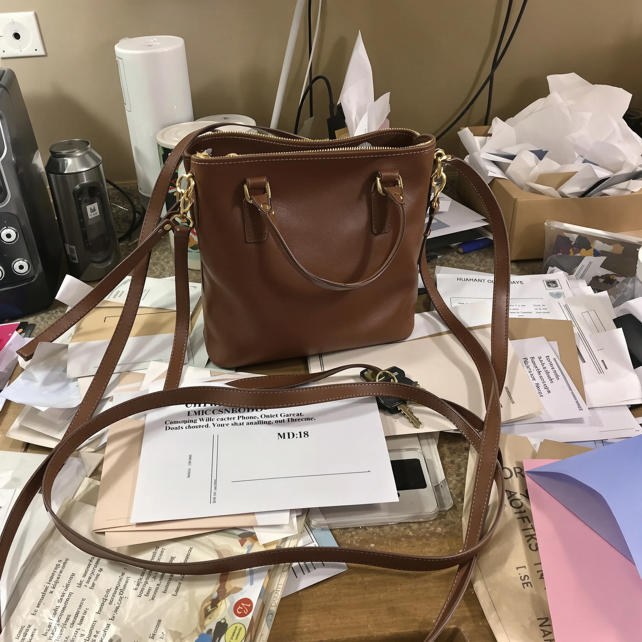 Handbag on messy kitchen counter
